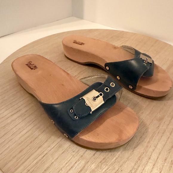 Dr. Scholl’s Original Exercise Sandals Blue Leather Women’s 7M – Wooden Slide - Picture 2 of 8